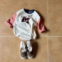 3-18M Baby Spliced Sleeves Round Neck M Letter Bodysuit  Baby Clothing   
