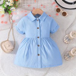 6M-3Y Baby Girls Lapel Single-Breasted Short-Sleeved A-Line Dresses  Baby Clothes   