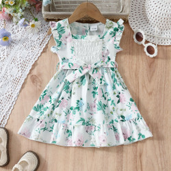 9M-4Y Toddler Girls Sleeveless Floral Casual Square Neck Belt Dresses  Girls Clothes   
