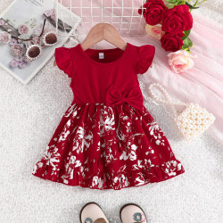 6M-3Y Baby Flying Sleeve Floral Print Patchwork Dresses  Baby Clothing   