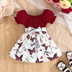9M-4Y Toddler Girls Sets Flower Smocked Puff Sleeve Dresses With Belt  Girls Clothes   