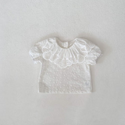 3-24M Baby Large Lace Collar Embroidered Flower Puff Sleeved Tops  Baby Clothes   