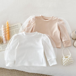 3-24M Baby Girls Solid Color Mesh Puff Sleeve Tops  Baby Clothes   