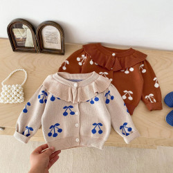 3-24M Baby Girls Knitted Cardigan Cherry Print Lapel Sweater  Baby Clothing   