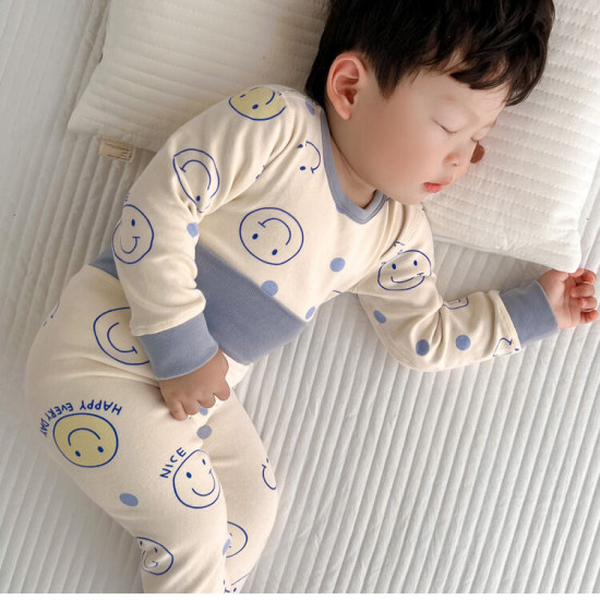 0-18M Baby Intimates & Pajamas Sets Long-Sleeved Cartoon Smiley Face & Square Print Top And High-Waisted Pants  Baby Clothes   