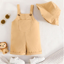 6-24M Baby Boys Khaki Pocket Button Overalls With Hats  Baby Clothing   