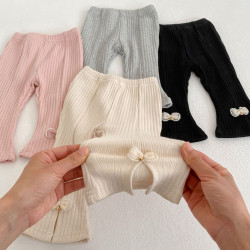 3-24M Baby Girls High-Waisted Ribbed Slits Bow Flared Trousers  Baby Clothes   