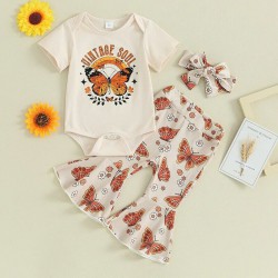 3-18M Baby Girls Sets Butterfly Print Bodysuit And Flared Pants & Headband  Baby Clothes   