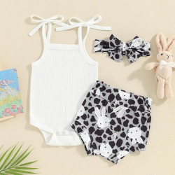 3-24M Baby Girls 3pcs Cami Bodysuit & Bunny Shorts & Headband  Baby Clothes   
