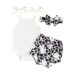 3-24M Baby Girls 3pcs Cami Bodysuit & Bunny Shorts & Headband  Baby Clothes   