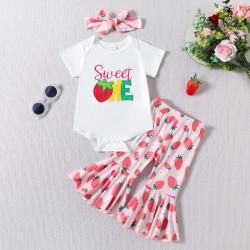 6-18M Baby Girls Sets Strawberry Letter Print Bodysuit Bell Bottoms Headband  Baby Clothes   