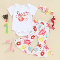 9-18M Baby 3pcs Donut Printed Shorts Sleeve Bodysuit & Pants  Baby Clothing   