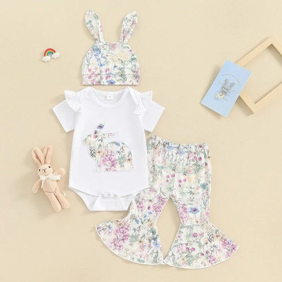 0-18M Baby 3pcs Easter Bunny Printed Bodysuit & Pants & Hats  Baby Clothing   