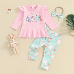 3M-3Y Baby Girls Sets Easter Rabbit Carrot Tops Pants With Headband  Baby Clothing   