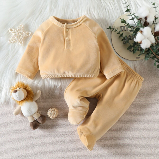 0-6M Newborn Sets Solid Color Velvet Pullover And Footie Pants  Baby Clothes   