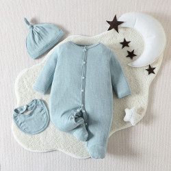 0-9M Newborn Solid Color Long-Sleeved Footie Jumpsuit & Hats  Baby Clothes   