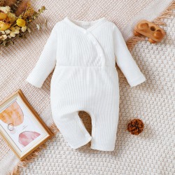 0-9M Newborn White Waffle Long Sleeve Jumpsuit  Baby Clothing   