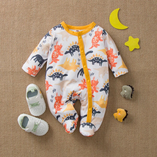 Newborn Baby Cartoon Dinosaur Footie Jumpsuit  Baby Clothing   