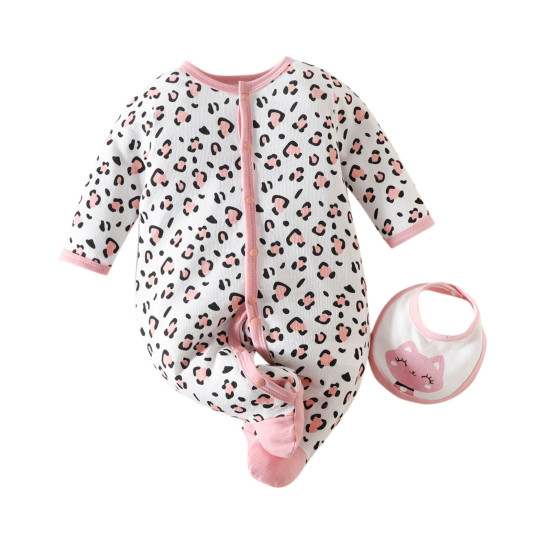 0-9M Baby Home Clothes Leopard Print Footie Jumpsuit With Bibs  Baby Clothes   