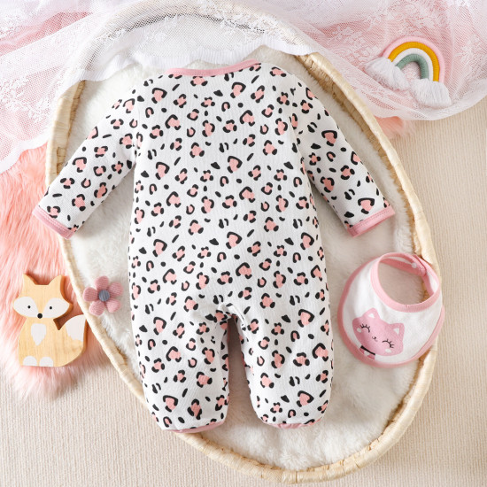 0-9M Baby Home Clothes Leopard Print Footie Jumpsuit With Bibs  Baby Clothes   