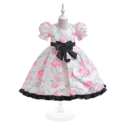 3-7Y Kids Girls Puff Sleeve Floral Bow Dresses Performance Piano  Clothing Kidswear   