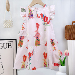 2-7Y Toddler Girls Flying Sleeve Cartoon Print Dresses  Girls Clothes   