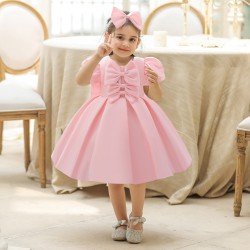 12M-3Y Toddler Girls Pink Satin Bow Puff Sleeves Dresses  Girls Clothes   