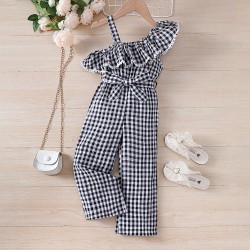 18M-6Y Toddler Girls Ruffled Off-Shoulder Plaid Jumpsuit  Girls Clothes   