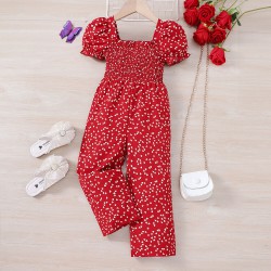18M-6Y Toddler Girls Floral Heart Print Puff Sleeve Jumpsuit  Girls Clothes   