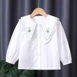 3-9Y Kids Girls White Embroidery Floral Long Sleeve Shirts  Kids Boutique Clothing   