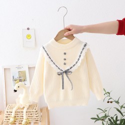 3-8Y Kids Girls Knitted Solid Color Bow Sweater  Girls Clothing Suppliers   