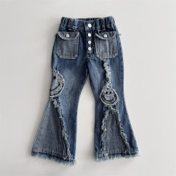 18M-7Y Toddler Girls Smiley Face Embroidered Denim Flared Pants  Girls Clothes   