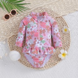 9M-5Y Toddler Girls Floral Long Sleeve One Piece Swimsuit  Girls Clothes   