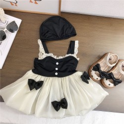 18M-7Y Toddler Girl Bow Decorated Ruffle Suspender Straps One-Piece Hem Swimsuit And Cap Cute Toddler Girl Clothes    