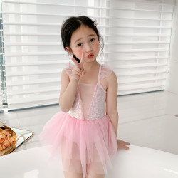 18M-8Y Kids Girls Patchwork Fluorescent Mesh Ruffle Suspender One Piece Swimsuit  Clothing For Kids   