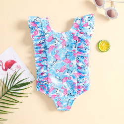 9M-4Y Flower Texture Print Flying Sleeveless Round Neck Swimwear  Kids Boutique Clothing  