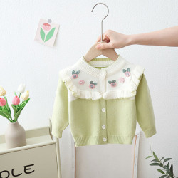 9M-4Y Toddler Girls Knitted Cardigan Flower Earrings Crew Neck Sweater  Girls Clothes   
