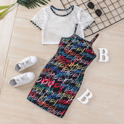 4-9Y Kids Girls Summer Mesh Cropped Tops Letter Print Sling Dresses Sets  Kids Clothes   