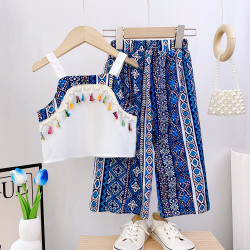 2-7Y Toddler Girls Sets Tassel Camisole Geometric Print Wide Leg Pants  Girls Clothes   