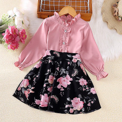 3-7Y Toddler Girls Sets Long Sleeve Ruffled Top Flower Skirts  Girls Clothes   