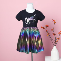3-8Y Kids Girls Patchwork Fish Scale Unicorn Print A-Line Dresses  Clothing Kidswear   
