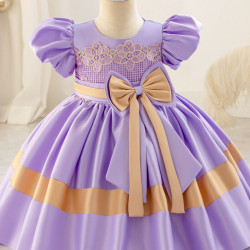 12M-7Y Toddler Girls Bow Colorblock Puff-Sleeve Satin Princess Dresses  Girls Clothes   