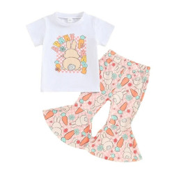 9M-4Y Toddler Girls Easter Short-Sleeved Bunny T-Shirt & Bell Bottoms Set  Girls Clothes   