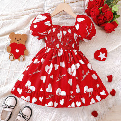 18M-6Y Toddler Girls Valentine's Day Puff Sleeve Love Print Dresses  Girls Clothes   