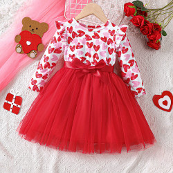 18M-6Y Toddler Girls Valentine's Day Love Patchwork Mesh Long-Sleeved Dresses  Girls Clothes   