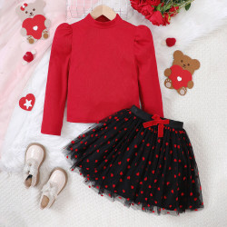 4-9Y Kids Girls Sets Knitted Tops And Mesh Skirts Valentine's Day  Clothing Kidswear   