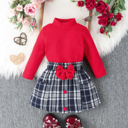 9M-4Y Toddler Girls Sets Turtleneck Tops And Bow Plaid Skirts  Girls Clothes   