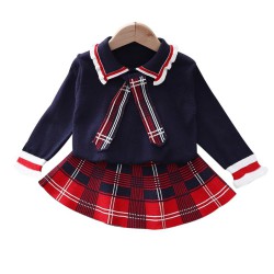 Two Pieces School Wear Checked Print Knit Kid Girls Outfits Sets Tie Sweater And Skirt 210722664  