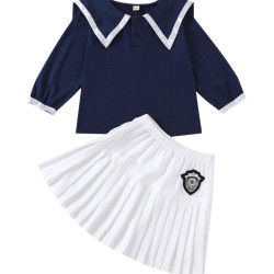 2 Pieces Kid Girl School Uniform Set Contrast Collar Top With Pleated Skirt  