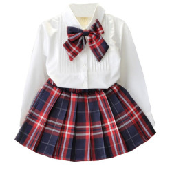 2 Pieces Kid Girl Bowknot Blouse With Pleated Plaid Skirt Set  